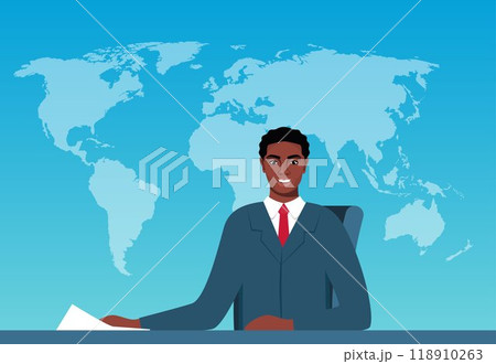 Young tv newscaster black man reporting tv news sitting in a studio. World map on background. Vector illustration. Young tv newscaster black man reporting tv news sitting in a studio. World map on background. Vector illustration. 118910263