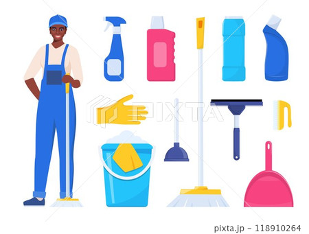 Black woman dressed in uniform with mop. Worker of cleaning service. Cleaning tools and detergent. Bucket, scoop, brush, washing powder, bottle of spray, sponge, glass scraper, rubber gloves. Vector. 118910264