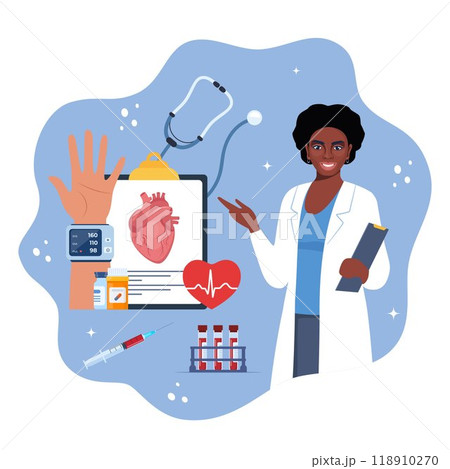 Medical examination and cardiology checkup. Tonometer. Measuring high blood pressure, test tubes, syringe, patient medical card, medications, syringe, heart. 118910270