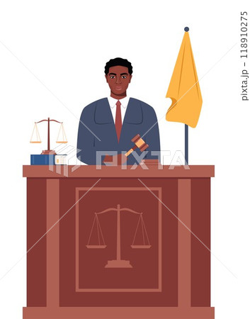 Judge with hammer. African American Man in black robe with gavel. Jurisprudence, justice and law. Legal and sentencing. Judgement concept. Vector illustration. 118910275