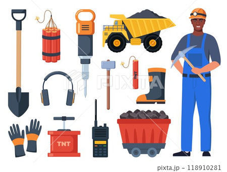 Mining coal industry icons, set. Tools and equipment for manufacture, truck and mine, mineral fuel, miner symbol, signs of machinery and dump. Vector illustration. Mining coal industry icons, set. Tools and equipment for manufacture, truck and mine, mineral fuel, miner symbol, signs of machinery and dump. Vector illustration. 118910281