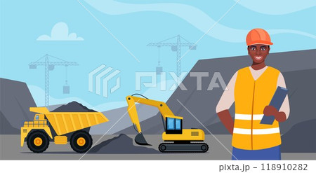 Excavator and dump truck working at coal mine. Open pit mine or quarry, extraction machinery. African American Woman engineer in orange protective helmet on the foreground. Vector illustration. 118910282