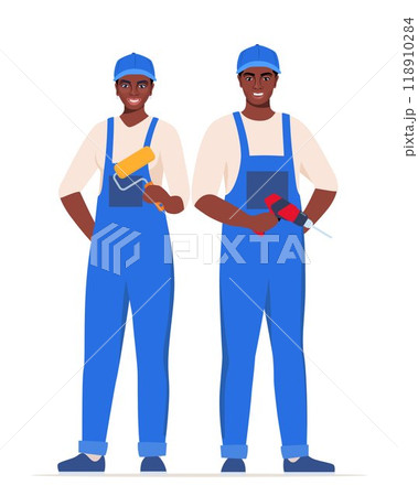 Repairman or mechanic black man and woman painter. Collection of professional repair tools. Man and woman characters in uniform. Vector illustration. Repairman or mechanic black man and woman painter. Collection of professional repair tools. Man and woman characters in uniform. Vector illustration. 118910284