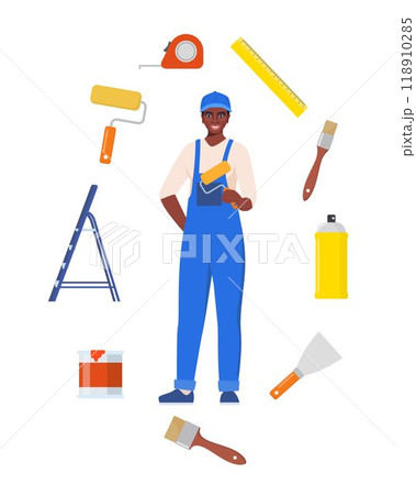 Black woman painter in uniform with paint roller. Set of painting tools, brush, roller. Decorator job, interior renovation service. Vector illustration. Black woman painter in uniform with paint roller. Set of painting tools, brush, roller. Decorator job, interior renovation service. Vector illustration. 118910285