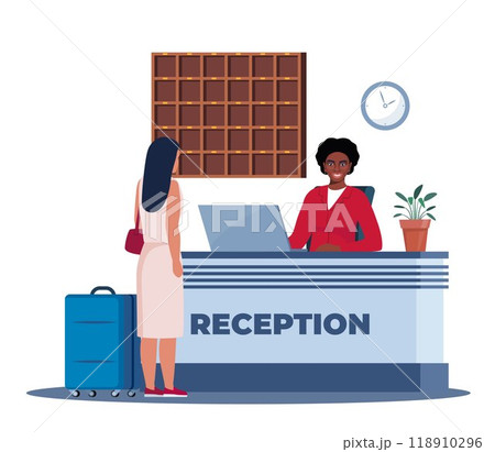 Hotel lobby, reception. Black woman receptionist behind the desk, guest with baggage checking in. Hotel Arriving. Tourism, business trip concept. Interior of inn. Vector illustration. 118910296