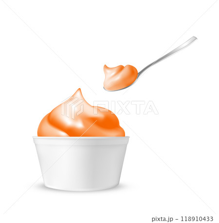 Orange ice cream in a cup with a spoon Orange ice cream in a cup with a spoon 118910433
