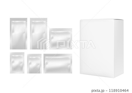 White foil or plastic sachet and box for food or medicines 118910464