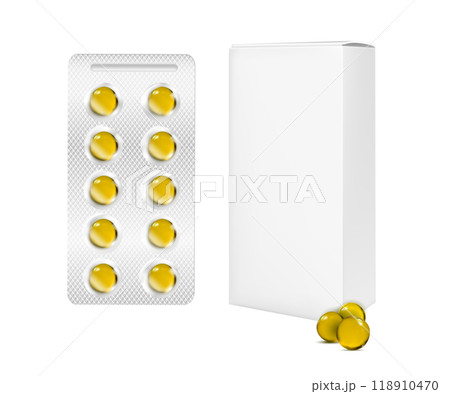 Yellow vector pills and cardboard box Yellow vector pills and cardboard box 118910470