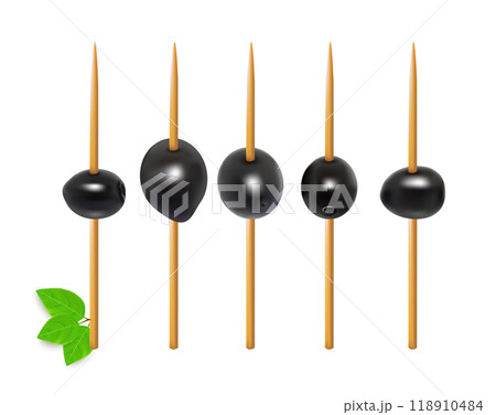 Olives on toothpick. Vegetarian canapes on skewers 118910484