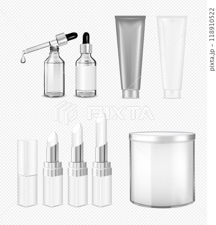 Cosmetic tranpsarent set. Glass bottle with dropper, lipstick; jar and tube 118910522