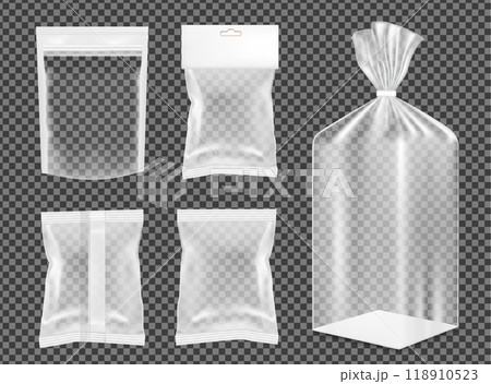 Transparent empty plastic packaging. Blank foil sachet for food and gift 118910523
