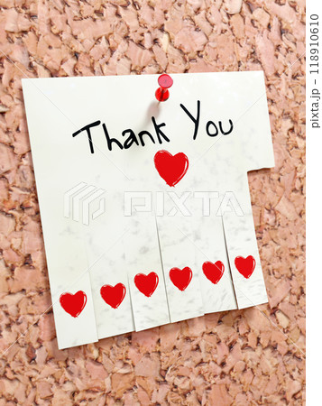 Thank You note pinned to a corkboard Thank You note pinned to a corkboard 118910610