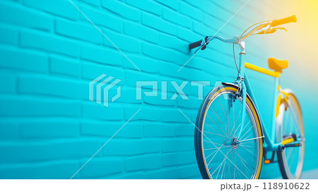 Brightly colored bicycle leaning against a blue brick wall Brightly colored bicycle leaning against a blue brick wall 118910622
