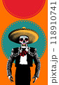 Colorful skull dressed as mariachi, adorned with sombrero and red tie, against vibrant orange and teal background. Contemporary art collage. Dia de los Muertos 118910741