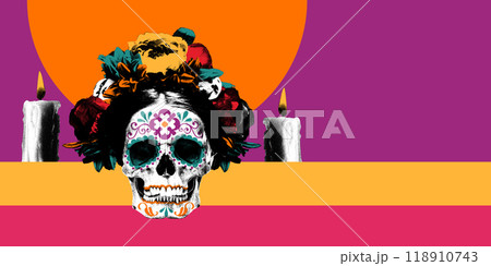 Skull adorned with flower wreath, flanked by two candles against vibrant orange and purple background, symbolizing celebration of Dia de los Muertos 118910743