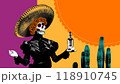 Female skull adorned with sombrero and marigolds, holding bottle of tequila against vibrant backdrop of cacti and setting sun. Contemporary art collage. Dia de los Muertos 118910745