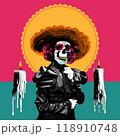 Skull adorned with sombrero and flowers, dressed in black leather jacket, against vibrant pink and turquoise background. Contemporary art collage. Dia de los Muertos 118910748