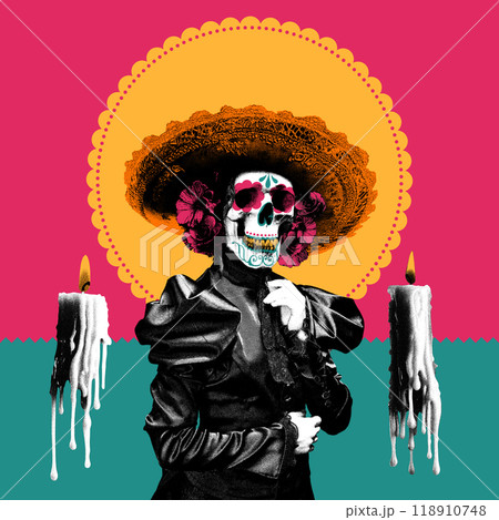Skull adorned with sombrero and flowers, dressed in black leather jacket, against vibrant pink and turquoise background. Contemporary art collage. Dia de los Muertos Skull adorned with sombrero and flowers, dressed in black leather jacket, against vibrant pink and turquoise background. Contemporary art collage. Dia de los Muertos 118910748