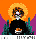 Female skull adorned with marigold wreath, holding bowl with chips against vibrant orange and purple backdrop with cacti. 118910749