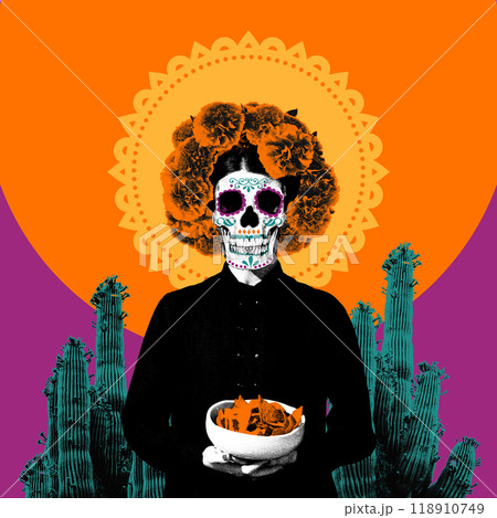 Female skull adorned with marigold wreath, holding bowl with chips against vibrant orange and purple backdrop with cacti. Female skull adorned with marigold wreath, holding bowl with chips against vibrant orange and purple backdrop with cacti. 118910749
