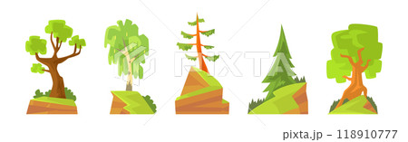Green Tree with Trunk on Rock or Mountain Landscape Vector Set 118910777
