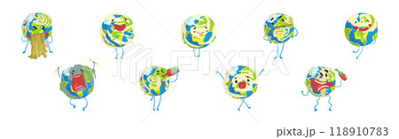 Funny Earth Planet Character with Face and Arm Vector Set Funny Earth Planet Character with Face and Arm Vector Set 118910783