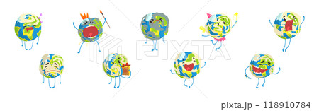 Funny Earth Planet Character with Face and Arm Vector Set Funny Earth Planet Character with Face and Arm Vector Set 118910784