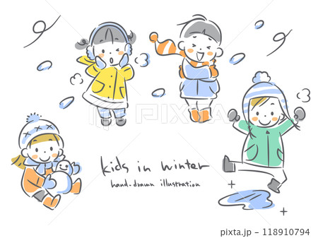楽しく遊ぶ冬の子供たち やわらかくてカワイイ手描きイラスト 楽しく遊ぶ冬の子供たち やわらかくてカワイイ手描きイラスト 118910794