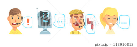 Hotline Call Center Man, Woman and Robot Operator at Support Department Vector Set 118910812