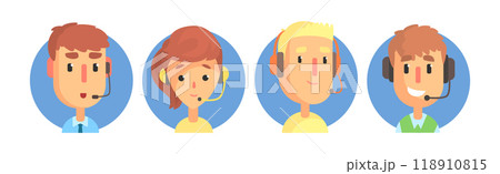 Hotline Call Center Man and Woman Operator at Support Department Vector Set 118910815