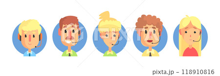 Hotline Call Center Man and Woman Operator at Support Department Vector Set 118910816