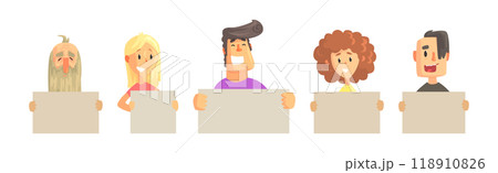 Funny Man and Woman with Empty Plaque and Banner Vector Set Funny Man and Woman with Empty Plaque and Banner Vector Set 118910826