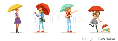 People Character with Umbrella Walk in Rainy Day Vector Set 118910838