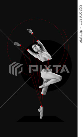 Poster. Contemporary art collage. Elegant dancer suspended in motion, red lines and black circles creating striking contrast and sense of suspended energy. 118910855