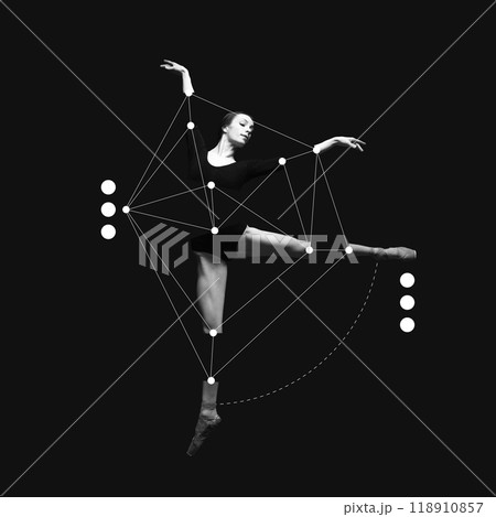 Poster. Contemporary art collage. Ballet dancer connected by white dots and lines, highlighting geometry in motion on black background. 118910857