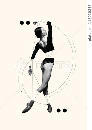Poster. Contemporary art collage. Dancer poised in delicate balance, accentuated by clean, circular geometry that enhances natural curves of movement. 118910858