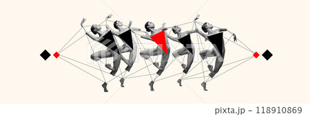 Banner. Contemporary art collage. Sequence of dancers, framed by red and black geometric forms, illustrates dynamic motion and energy. 118910869