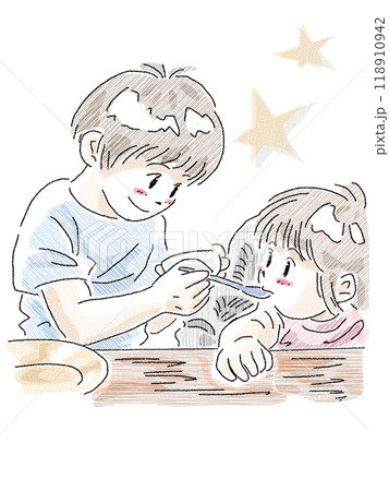 妹に離乳食をあげる兄 118910942