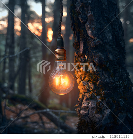 A burning light bulb hangs from a tree in a serene forest at dusk, casting a warm glow amidst the shadows of the woods 118911133