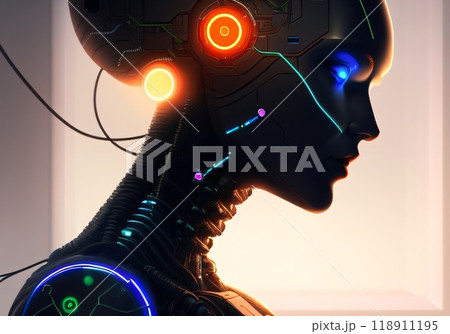 Evil artificial intelligence, humanoid alien robot. Robot with Artificial Intelligence. Created with generative AI tools 118911195