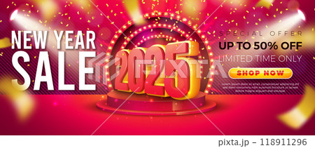 Happy New Year Sale 2025 Design with 3d Number, Glowing Light Bulb Billboard, Stage Podium and Falling Confetti on Red Background. Christmas Holiday Special Offer Campaign Discount Illustration for Happy New Year Sale 2025 Design with 3d Number, Glowing Light Bulb Billboard, Stage Podium and Falling Confetti on Red Background. Christmas Holiday Special Offer Campaign Discount Illustration for 118911296