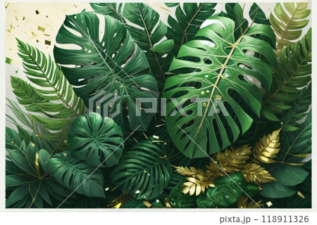 Picture featuring a bush of tropical green foliage plants such as Monstera, fern, and Eucalyptus leaves, highlighted with gold glitter particles. Created with generative AI tools 118911326