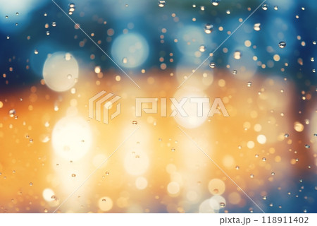 Abstract raindrops capturing the radiance of sunlight from the top, forming a beautiful water background that offers plenty of space for products or text. Created with generative AI tools 118911402