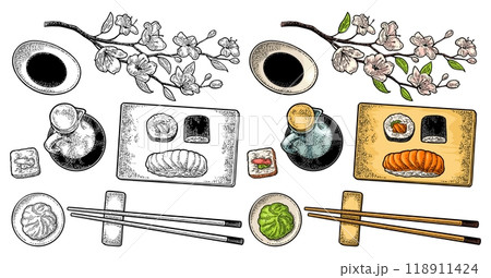Set Sushi. Vintage color vector engraving. Isolated on white background. Set Sushi. Vintage color vector engraving. Isolated on white background. 118911424