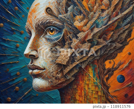 combination of human face and fractal elements, applicable for projects related to mind, reasoning, cognitive processes, mental strength, and mystical awareness. Created with generative AI tools 118911576