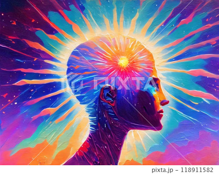 Concept of mindfulness and mental activity. Human face and elements with metaphorical relationship to mind, reason, thought, mental powers and mystic consciousness. Created with generative AI tools 118911582