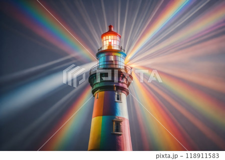 Photograph capturing a lighthouse emitting a range of colors, reflecting notions of optimism, joyfulness, and diversification. 118911583