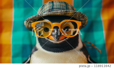 Beautiful penguin in hat wearing yellow sunglasses, in a retro-style fashion with an orange and teal plaid background. Beautiful penguin in hat wearing yellow sunglasses, in a retro-style fashion with an orange and teal plaid background. 118911642