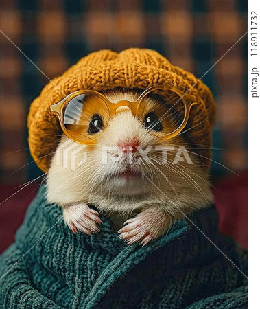 Beautiful hamster in hat wearing yellow sunglasses, in a retro-style fashion with an orange and teal plaid background. Beautiful hamster in hat wearing yellow sunglasses, in a retro-style fashion with an orange and teal plaid background. 118911732