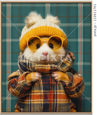 Beautiful hamster in hat wearing yellow sunglasses, in a retro-style fashion with an orange and teal plaid background. Beautiful hamster in hat wearing yellow sunglasses, in a retro-style fashion with an orange and teal plaid background. 118911761
